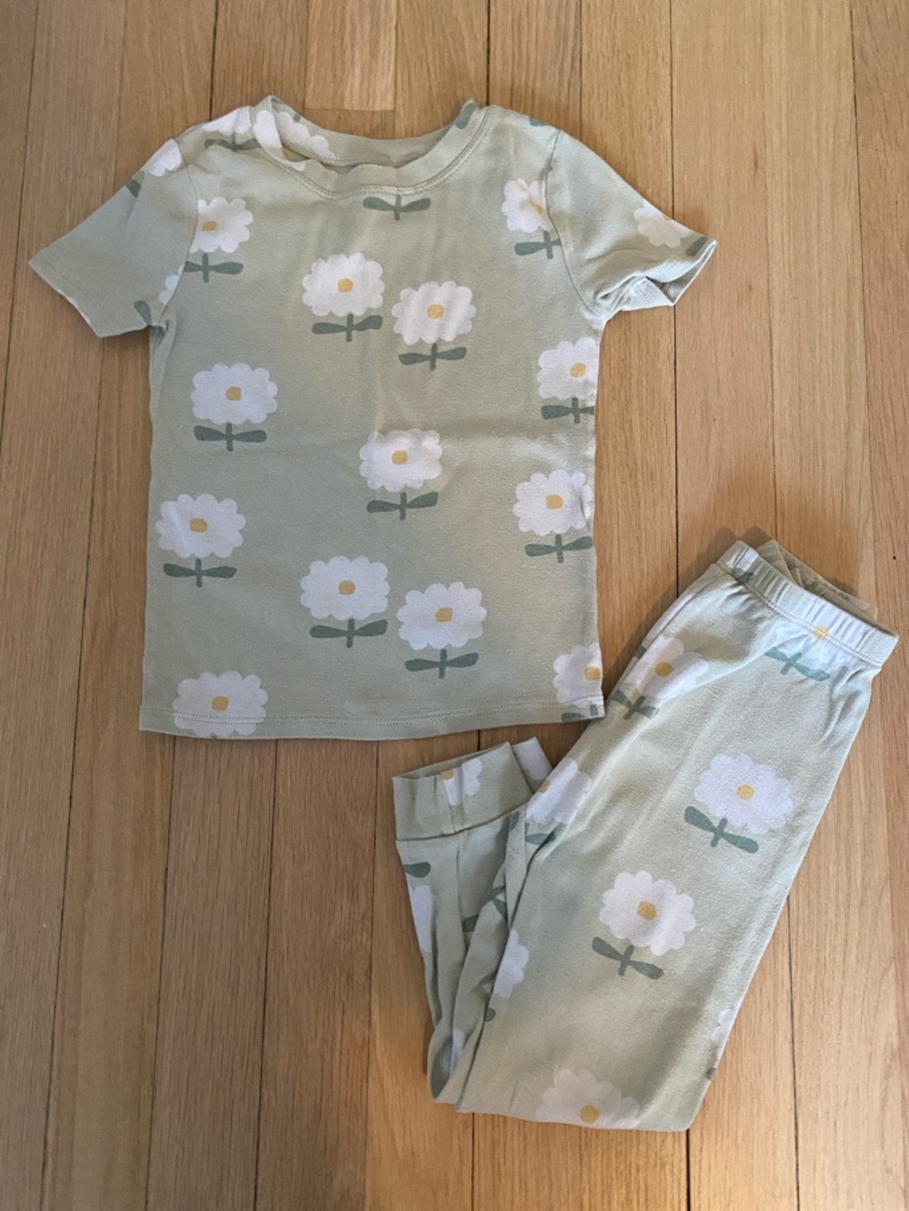 Little Co. Girls Short Sleeve Pajama Set in Sage Green with White Flower Print